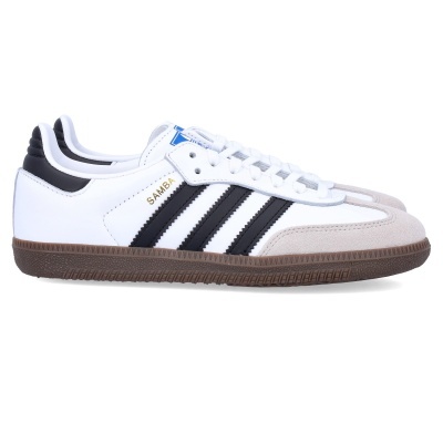 Ténis Adidas Samba branco com riscas pretas e sola castanha