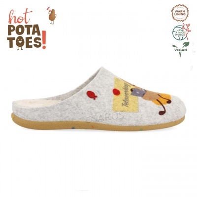 Pantufa cinza claro com desenhos coloridos e sola castanha