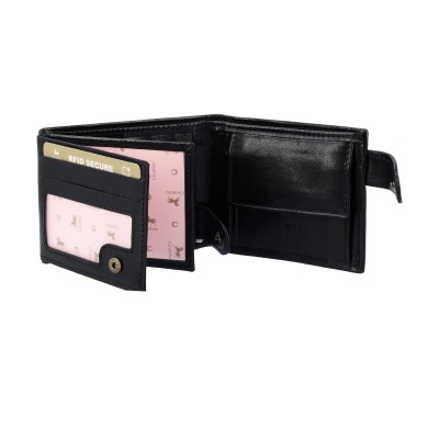 Carteira preta em pele com compartimentos para cartões e fecho de pressão