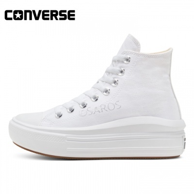 Tênis Converse branco de cano alto com sola branca espessa e atacadores brancos