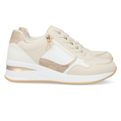 Tênis desportivos bege e branco com zíper lateral e sola branca