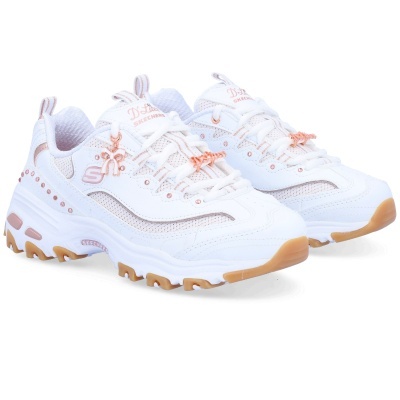 Ténis brancos Skechers com detalhes em rosa dourado e sola branca castanha