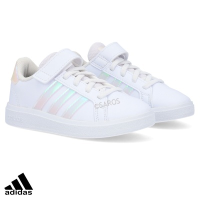 Ténis infantis Adidas brancos com riscas iridescentes e fecho de velcro