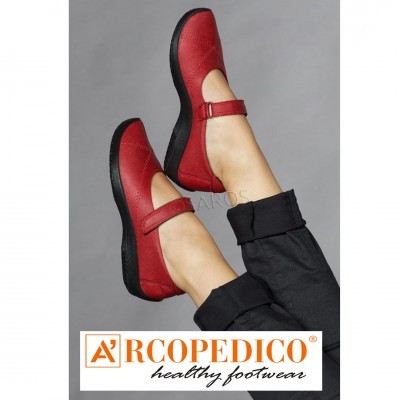 Sapatos femininos vermelhos ARCOPEDICO estilo Mary Jane com sola preta e tira ajustável