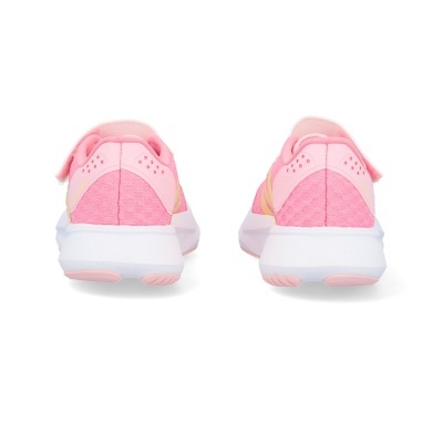 Sapatilhas de corrida rosa vistas de trás com sola branca e detalhes amarelos