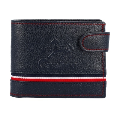 Carteira preta de pele sintética com faixa nas cores azul, branco e vermelho e marca 'Cavalinho'