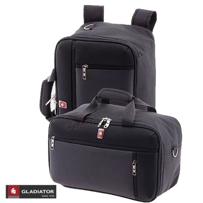 Conjunto mochila e mala de mão pretos em tecido com bolsos e fechos