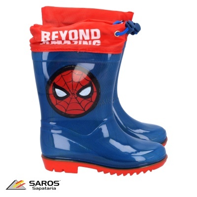 Botas de chuva azuis e vermelhas para crianças com personagem do Homem-Aranha.