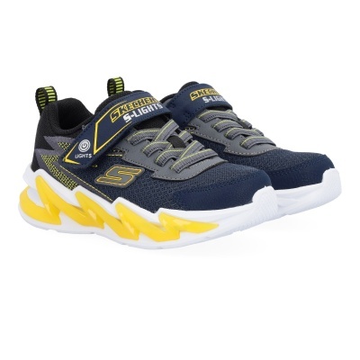 Par de sapatilhas infantis Skechers S-Lights azul escuro com detalhes amarelos e fecho de velcro