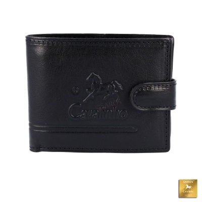 Carteira preta em pele com fecho de aba e marca Cavalinho em baixo relevo