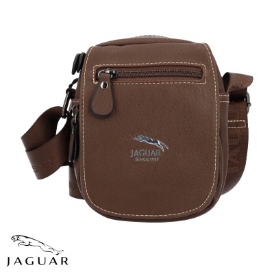 Bolsa masculina castanha em pele pequena com logo Jaguar