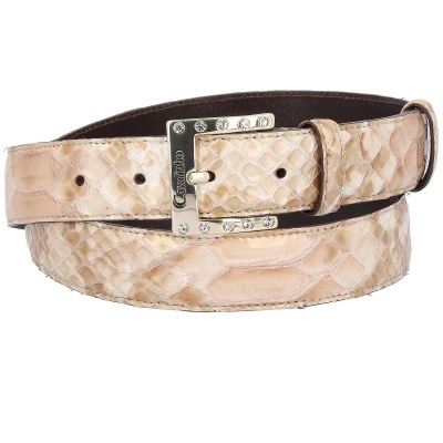 Cinto feminino Caramelo bege em padrão pele de cobra com fivela prateada com cristais