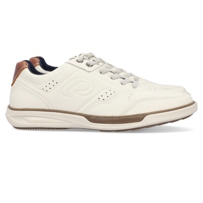 Ténis brancos com detalhes castanhos e sola branca com risca castanha.