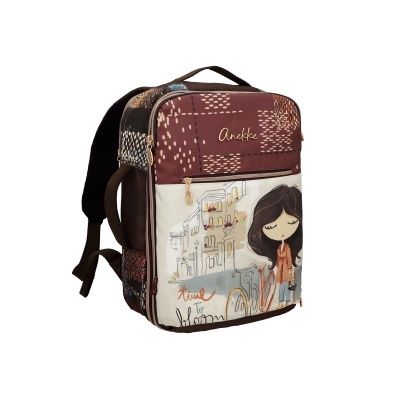 Mochila castanha com padrão e ilustração de menina e bicicleta