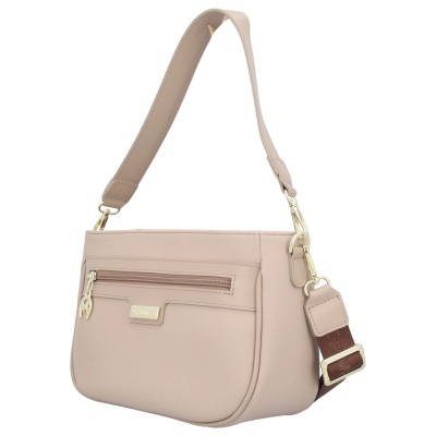 Mala bege claro com alça ajustável e fecho frontal