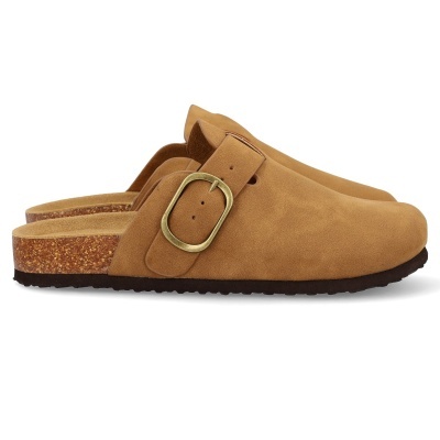 Sabtinas mule castanhas com fivela dourada e sola de cortiça