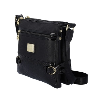 Bolsa de ombro preta com fechos dourados e placa metálica