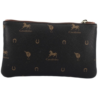 Bolsa pequena preta com padrão castanho de cavalinhos e ferraduras