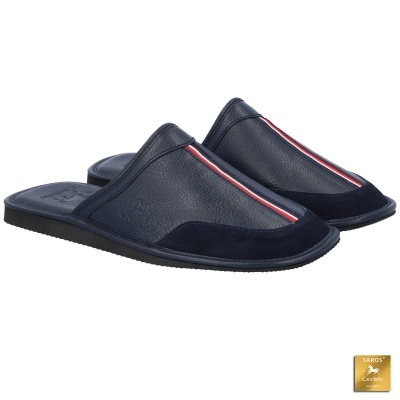 Chinelos masculinos azuis em pele e camurça com risca branca e vermelha.