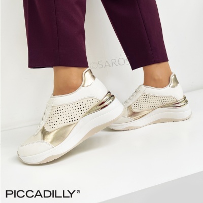 Ténis mulher PICCADILLY bege branco dourado com sola espessa e detalhes perfurados
