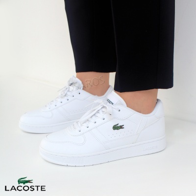 Sapatilhas brancas Lacoste com logótipo crocodilo verde e atacadores brancos