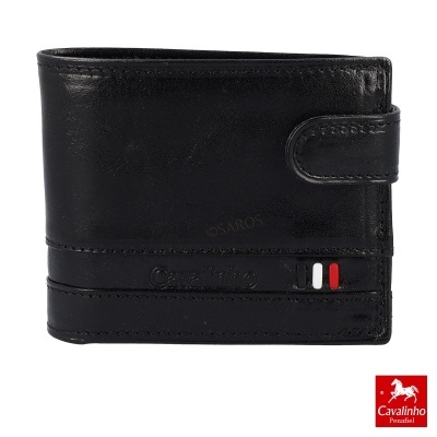 Carteira preta de couro com detalhes em branco e vermelho e fecho de aba