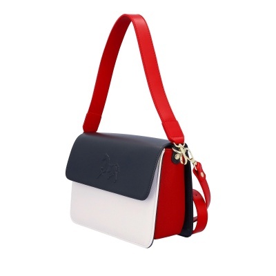 Mala de ombro tricolor vermelha, branca e azul escuro com alça vermelha