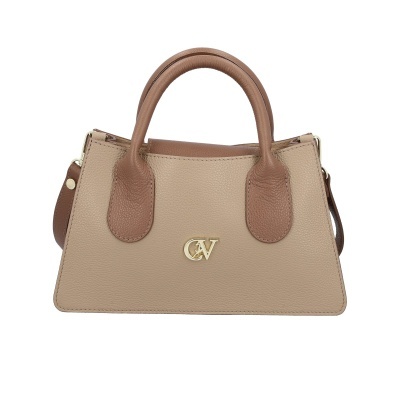 Mala de mão de couro castanho claro com alças e logótipo CV dourado