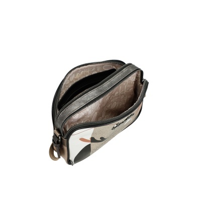 Mala pequena com compartimentos e padrão de texto Anekke no interior