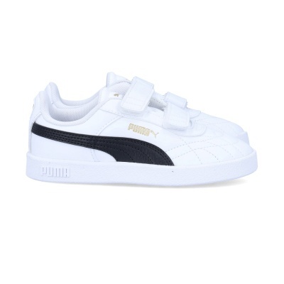 Ténis infantis brancos Puma com faixa preta e fecho de velcro.