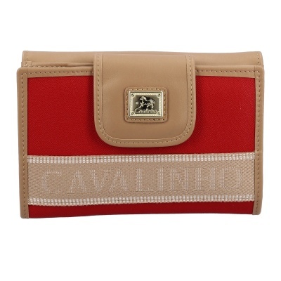 Carteira vermelha com detalhes em bege e emblema metálico Cavalinho