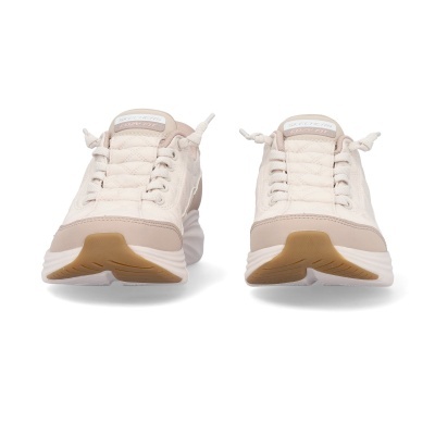 Sapatilhas Skechers Cozy Fit bege e branco vistas de frente