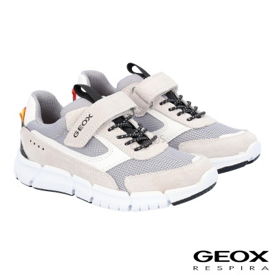 Sapatilhas infantis Geox cinza e bege com velcro e atacadores elásticos