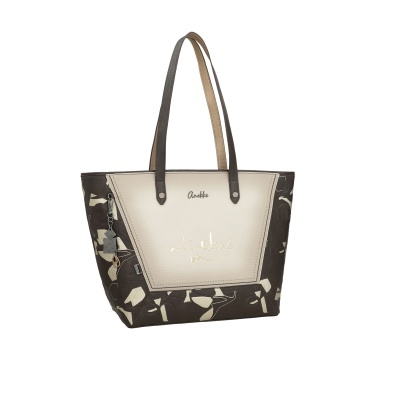 Mala de ombro castanho escura com padrão abstrato e texto dourado Charlotte