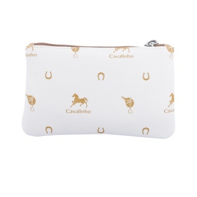 Bolsa pequena branca com padrão dourado e fecho zip