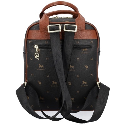 mochila preta com padrão castanho e detalhes castanhos