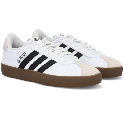 Sapatilhas Adidas brancas com riscas pretas e sola castanha