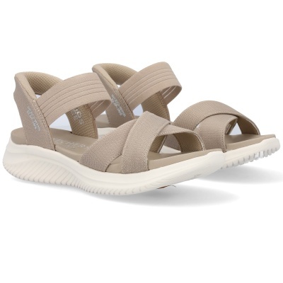 Sandálias Skechers bege com tiras cruzadas e sola branca