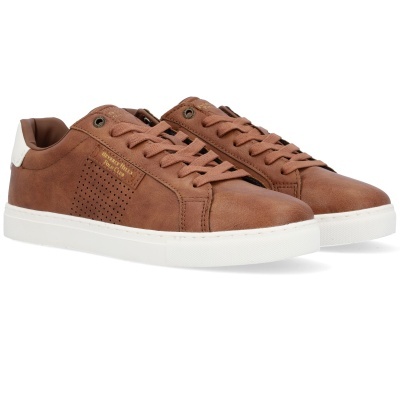 Sapatilhas castanhas com sola branca e texto dourado