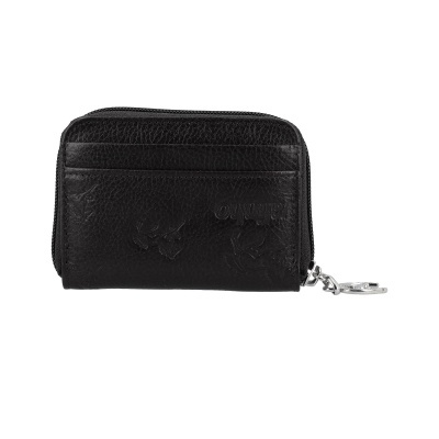 Carteira preta em pele com fecho e argola metálica