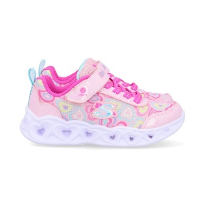 Ténis infantil rosa com padrão de corações e sola branca com corações