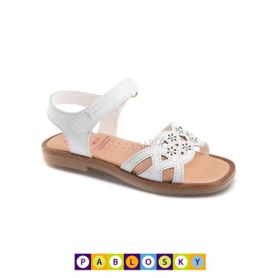 Sandália infantil branca Pablosky em pele com pormenor floral recortado e sola castanha