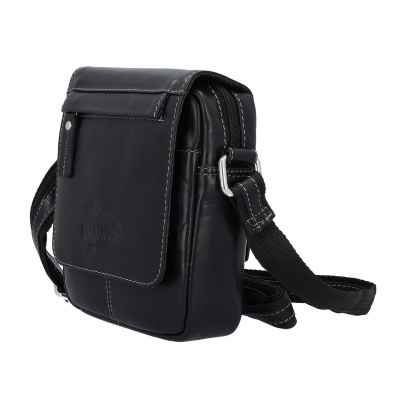 Saco masculino em pele preta com aba e alça ajustável