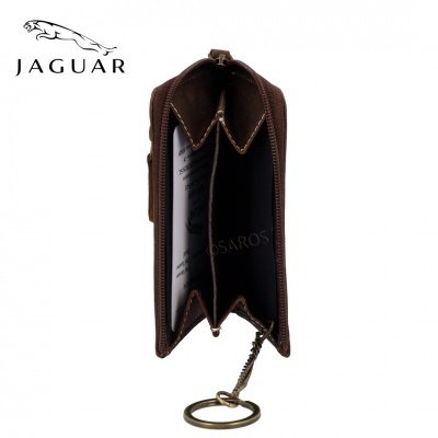Carteira castanha em pele com fecho zipper e corrente metálica para chaves, logo JAGUAR ao lado