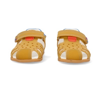 Sandálias infantis castanhas e bege com velcro e detalhes coloridos