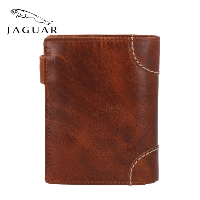 carteira de pele castanha com costuras brancas e logo JAGUAR