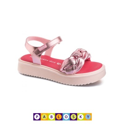 Sandália infantil rosa metálico com sola branca e interior vermelho