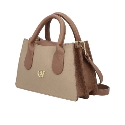 Mala de mão bicolor bege e castanho com logo dourado CV e alça destacável