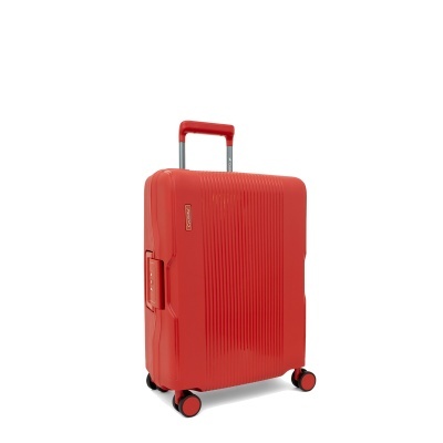 Mala de viagem rígida vermelha com quatro rodas e pega extensível