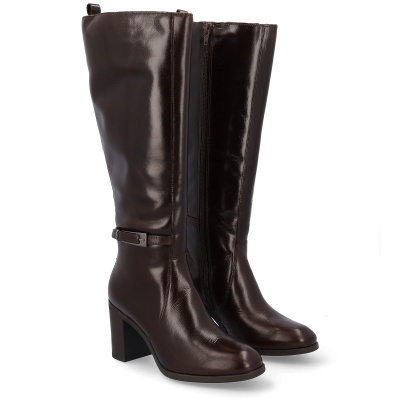 Botas femininas castanhas de cano alto em pele com salto grosso